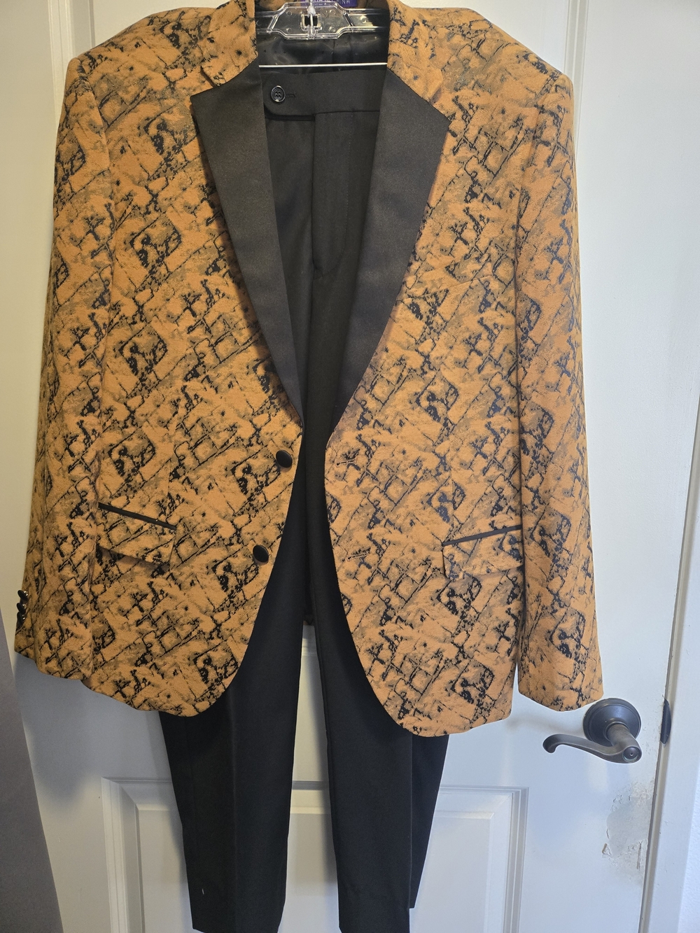 Men's Orange Patterned Blazer with Black Lapel